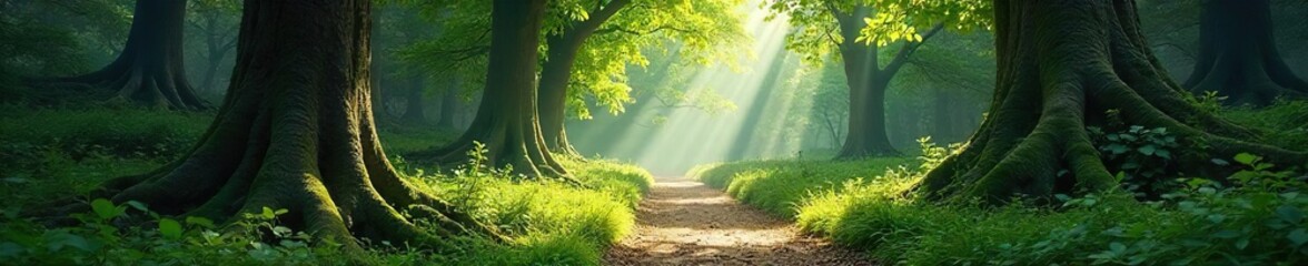 Obraz premium Enchanted forest path winding through ancient trees, dappled sunlight filtering through leaves, magical atmosphere , ancient, sunlight