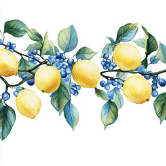 Watercolor Lemon tree branches seamless border,lemon set On a white background,Summer citrus fruit,Juicy colors,Hand drawn lemon set,Botanical illustration collection,Whole lemons,banner menu drink.