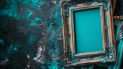 Elegant Teal and Gold Ornate Picture Frames Mockup