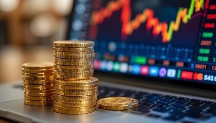 Bitcoin Coins Stacked by Laptop With Market Chart