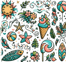 Bright and cheerful summer vacation vector design featuring tropical elements like palm trees, beach umbrellas, surfboards, sun hats, and waves. Ideal for travel posters, holiday promotions, and summe