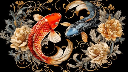 76.A decorative composition with overlapping koi fish in vibrant watercolor tones, framed by intricate floral patterns and golden accents for a refined aesthetic.