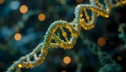 3D model of a DNA double helix, with teal and gold-highlighted, clustered, spherical structures.