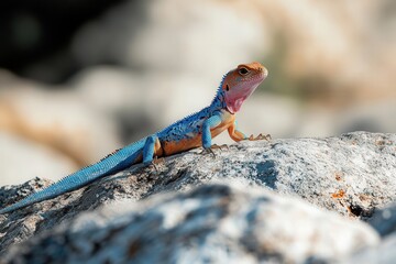 Colorful lizard resting on a rock in the sunlight