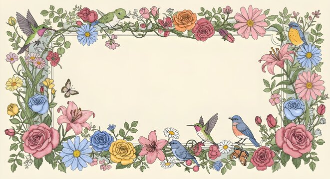 Card cover illustration of flowers and birds with hovering butterflies in the frame, empty center for text