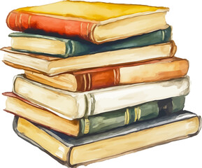 Watercolor illustration of a stack of colorful books arranged neatly on a table - vector illustration