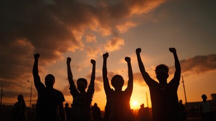 Fototapeta premium Silhouetted Crowd Raising Fists at Sunset, Symbolizing Social Justice and Collective Empowerment for Community Engagement and Activism Campaigns : Generative AI
