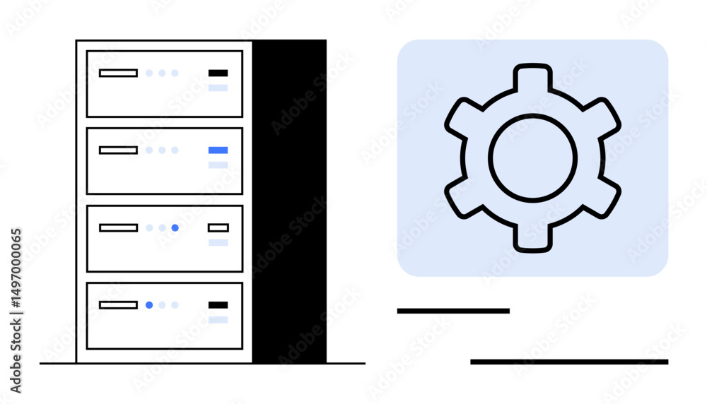 Poster data server rack with gear icon highlighting system management, technology, and optimization. ideal 