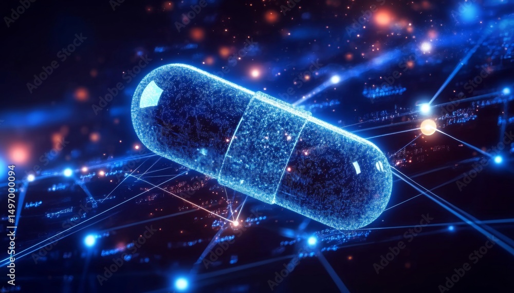 Poster ai precision medicine digital pill on a network symbolizing artificial intelligence.