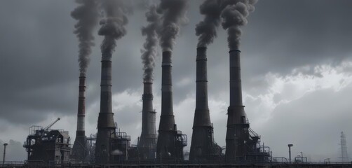 Numerous coal plant smokestacks release thick grey plumes against a bleak sky , generation, industrial pollution, fossil fuel