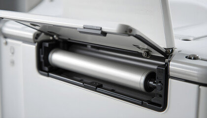 close up view of custom enclosure with access flap detail, showcasing metal roller and fastening mechanism. image conveys precision