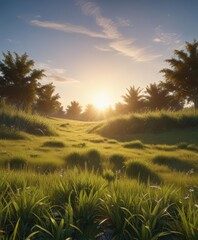 Golden hour light on lush grass, deep blue sky,  high angle,  golden,  sunset