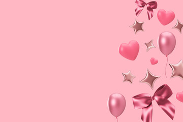 Colorful 3D render showcases various balloons, hearts, and shiny stars against a soft pink background. It provides plenty of copy space for adding personalized messages or designs. Its a girl theme.