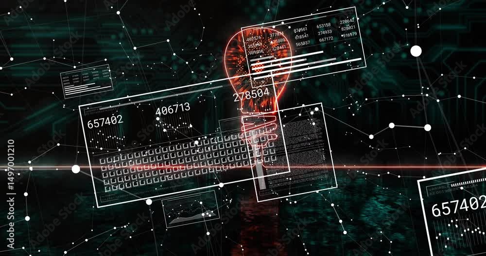 Poster red neon lightbulb fading as scan line sweeping across panels revealing data updating continuously