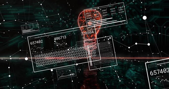 Red neon lightbulb fading as scan line sweeping across panels revealing data updating continuously