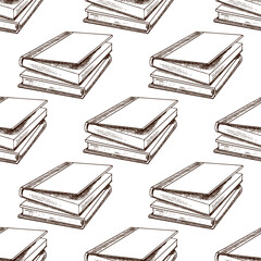 Seamless pattern with hand drawn vintage sketch of stacked closed books in brown ink engraving style