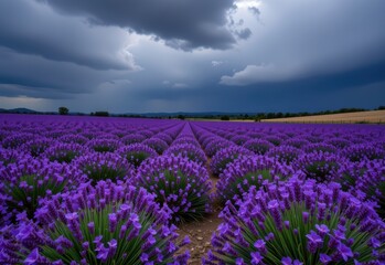 Fototapeta premium field of lavender under stormy sky, contrast and beauty
