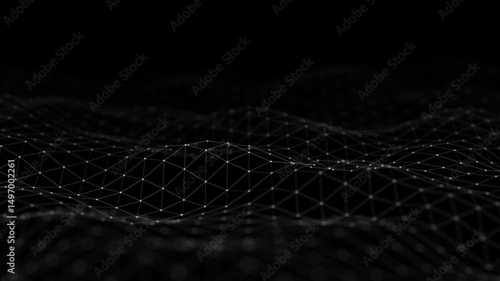 Aufkleber digital wireframe mesh surface with glowing connection points forming a dynamic network, technology 