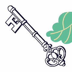 Ornate Key Illustration with Leaf - Home, Cottagecore, Vintage