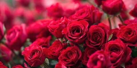 Obraz premium Vibrant red roses fill the display at a flower market, captivating visitors with their beauty and fragrance
