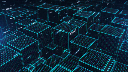 Digital blockchain cubes with binary code, representing secure data transactions, decentralized systems, Cryptographic technology, Modern business technology concept 3D Rendering