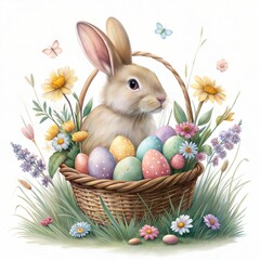 Watercolor easter bunny with eggs and flowers in basket isolated on white background