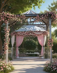 Pink and white floral bunting draped from a metal gazebo  Idyllic outdoor setting , pretty, arch, floral design