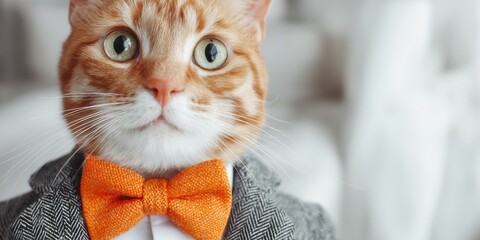 Orange tabby cat in a suit with an orange bow tie looking inquisitive at home during the afternoon