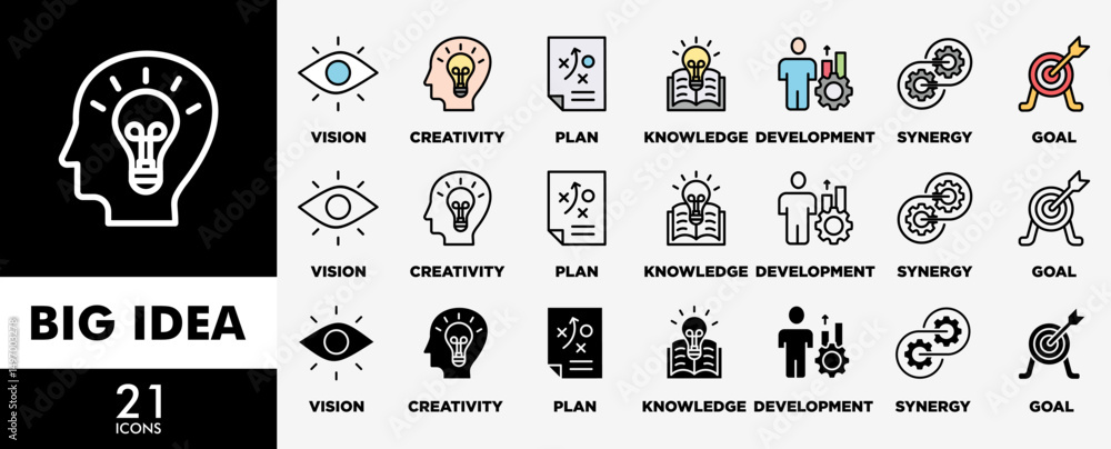 Poster big idea icon set with various styles and colors