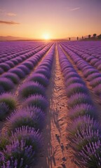 Dramatic sunset casts long shadows across a sea of lavender  , France, Italy, horizon