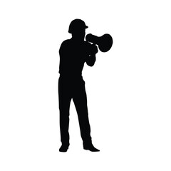 Silhouettes of construction workers using megaphones, depicting communication, leadership, and direction on a job site