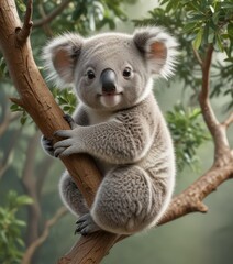 Playful koala infant clinging to branch, repeating design , joey, marsupial, paper