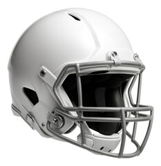 Fototapeta premium White American football helmet with a grey faceguard and chinstrap shown from the front angle on transparent background.