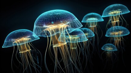 Fototapeta premium glowing sea jellyfishes on dark background, neural network generated art. Digitally generated image. Not based on any actual scene or pattern.