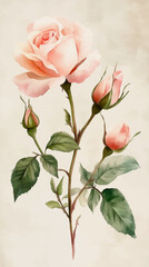 Watercolor painting of a delicate rose flower with soft pink petals and green leaves - vector illustration