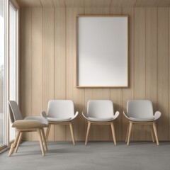 Modern minimalist waiting area featuring light-colored chairs and wooden accents in a bright space