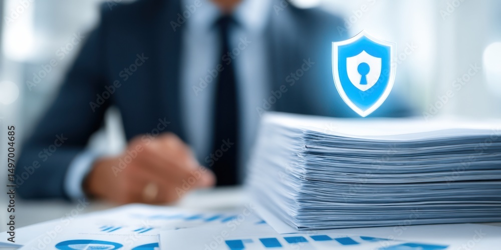 Poster business professional analyzing documents with focus on security and data protection in an office se