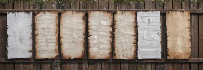 Multiple glued paper posters on a weathered wooden fence  Showing different degrees of damage and fading , vintage, fading, damage