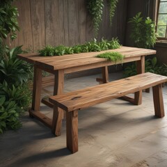 Rustic wooden table with lush greenery & earthy tones,  summer,  vintage,  photo