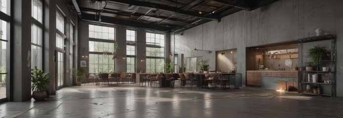 Open plan space, high ceilings, raw metal accents , unfinished, industrial interior