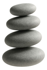 Four smooth, gray stones are balanced vertically in a stack, symbolizing stability and tranquility on a transparent background.