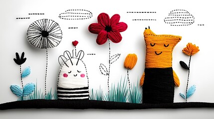 Whimsical Stitched Embroidery Flowers and Cat