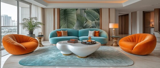 Modern Living Room Interior Design: Teal Sofa, Orange Armchairs, Tropical Wallpaper