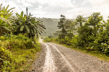 Unpaved 5NA road between Codo de Pozuzo and Pozuzo in Pozuzo river valley, Peru