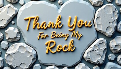 Rock Solid Gratitude: Thank you, message, written in golden text, surrounded by smooth stones, forming heart shape design to express appreciation and convey sentiment of gratitude.