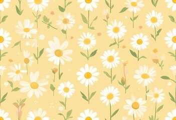 Seamless pattern of white daisies with yellow centers and green leaves on soft pastel background