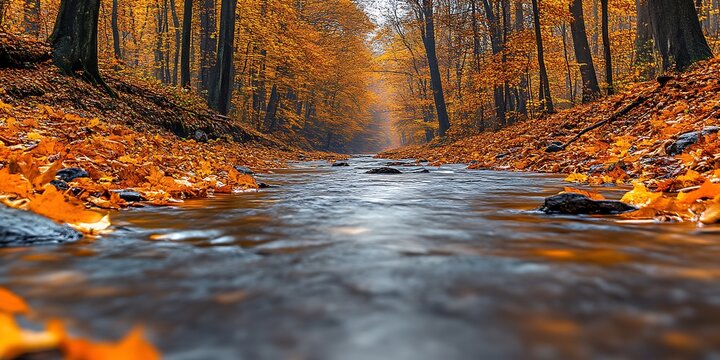 Autumnal stream flowing through golden forest. - Powered by Adobe