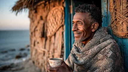 An elderly man wrapped in a warm shawl sips coffee from a cup and smiles peacefully. The rustic beachside setting and soft sunset light create a serene tribute to International Coffee Day.