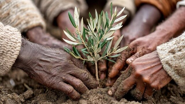 Hands planting olive tree as symbol of peace, unity and hope for a better future