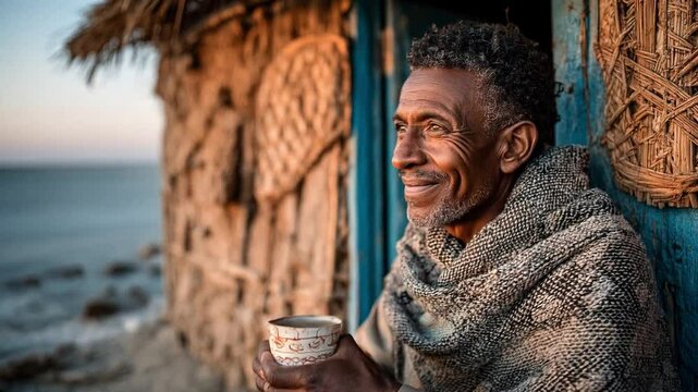 An elderly man wrapped in a warm shawl sips coffee from a cup and smiles peacefully. The rustic beachside setting and soft sunset light create a serene tribute to International Coffee Day. - Powered by Adobe